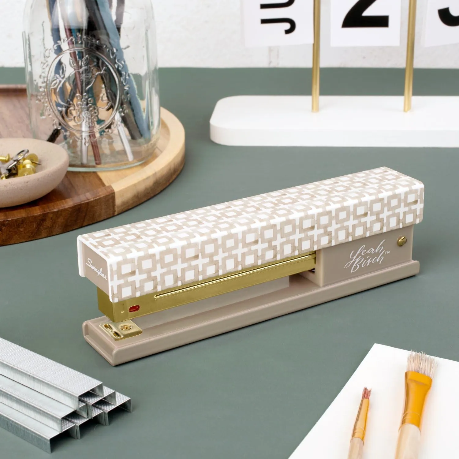 Swingline Stapler by Leah Bisch, 20 Sheet Capacity, Full Strip, Tan Tiles, Colorful Fashion Design (S700035)