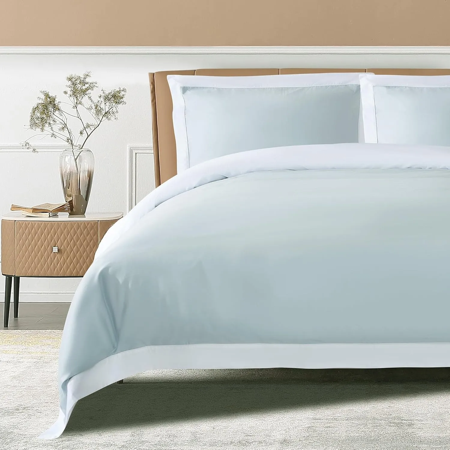 THE COTTON & SILK 100% Luxury Long-Staple Cotton Duvet Cover Set - Soft & Breathable, Queen Size, Misty Blue   White (1 Duvet Cover with Corner Ties & Hidden Zipper, 2 Pillow Shams)
