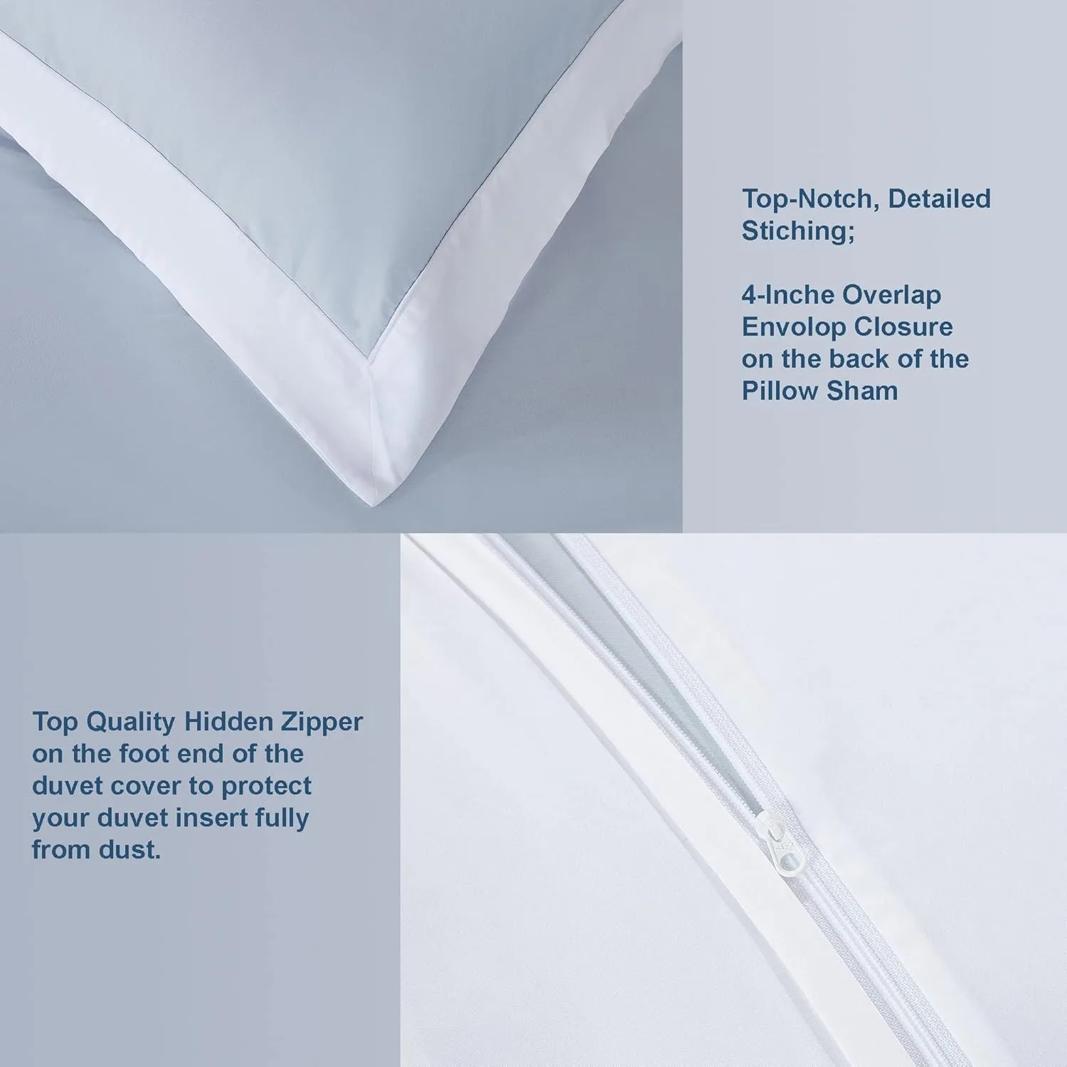 THE COTTON & SILK 100% Luxury Long-Staple Cotton Duvet Cover Set - Soft & Breathable, Queen Size, Misty Blue   White (1 Duvet Cover with Corner Ties & Hidden Zipper, 2 Pillow Shams)