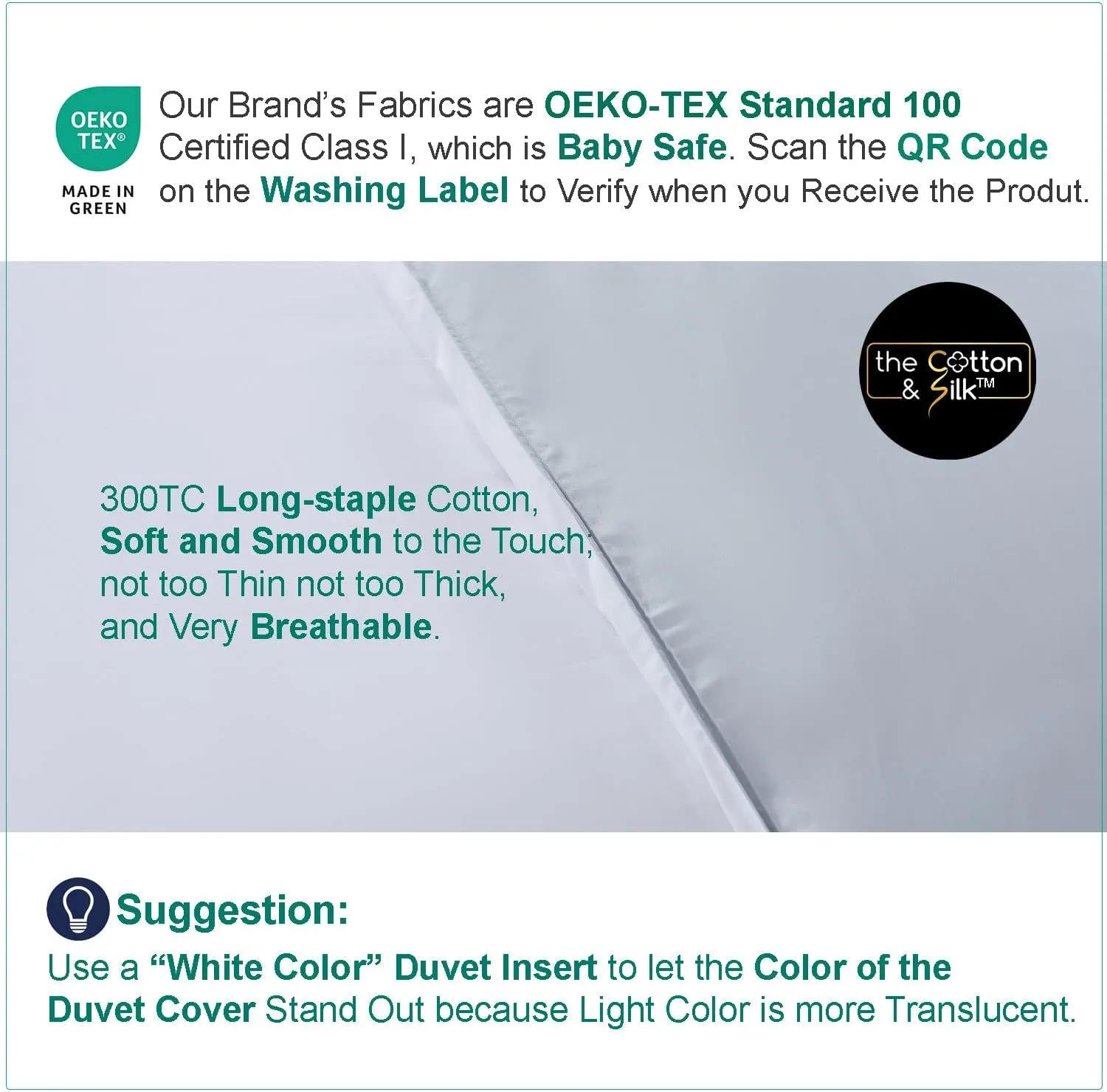 THE COTTON & SILK 100% Luxury Long-Staple Cotton Duvet Cover Set - Soft & Breathable, Queen Size, Misty Blue   White (1 Duvet Cover with Corner Ties & Hidden Zipper, 2 Pillow Shams)