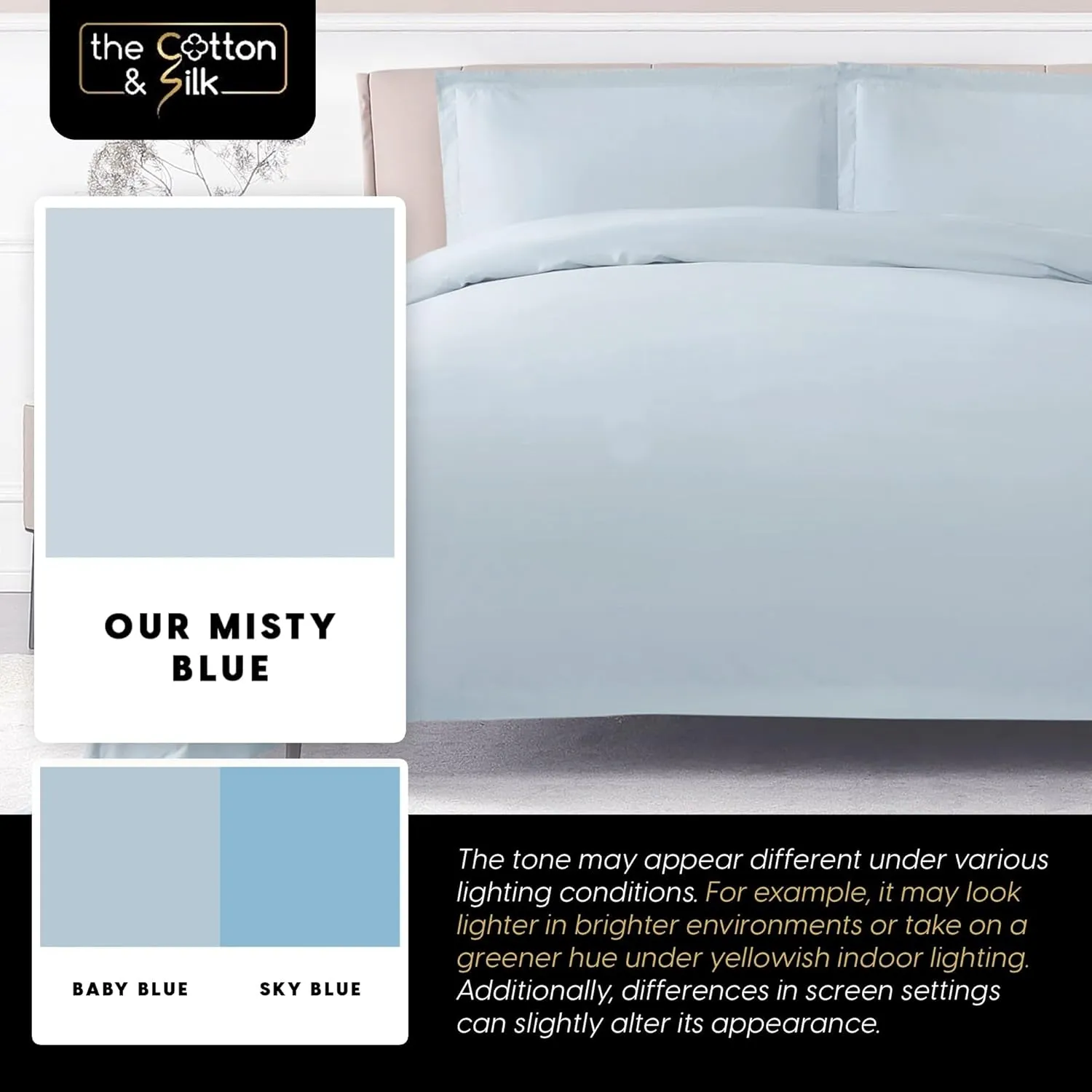 THE COTTON & SILK 100% Luxury Long-Staple Cotton Duvet Cover Set - Soft & Breathable, Queen Size, Misty Blue   White (1 Duvet Cover with Corner Ties & Hidden Zipper, 2 Pillow Shams)