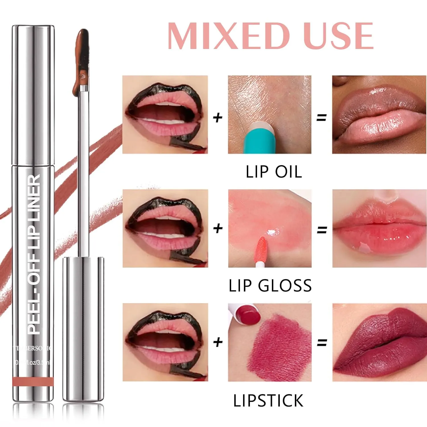 Timbersonic Peel off Lip Liner, Timbersonic Peel off Lip Stain, 8 Colors Lip Stain Peel off Tint Tattoo Color Waterproof Long-Lasting, No Smudging, Non-Stick Cup (#00 02 07)