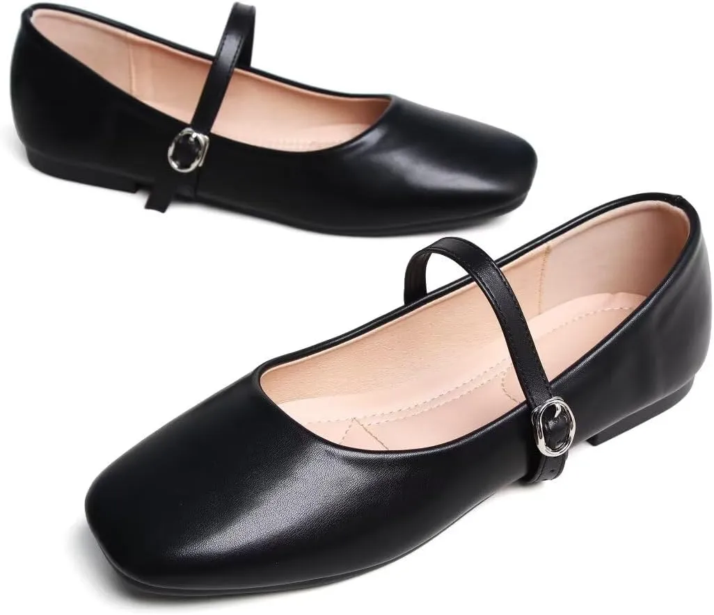 TN TANGNEST Leather Flats for Women Comfortable Square Toe Slip On Flats Soft Work Flats Retro Mary Jane Flats