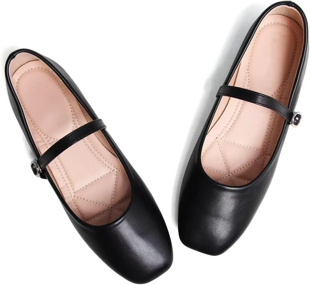 TN TANGNEST Leather Flats for Women Comfortable Square Toe Slip On Flats Soft Work Flats Retro Mary Jane Flats