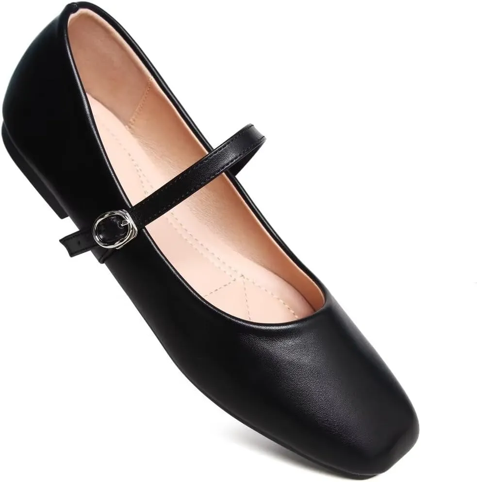 TN TANGNEST Leather Flats for Women Comfortable Square Toe Slip On Flats Soft Work Flats Retro Mary Jane Flats