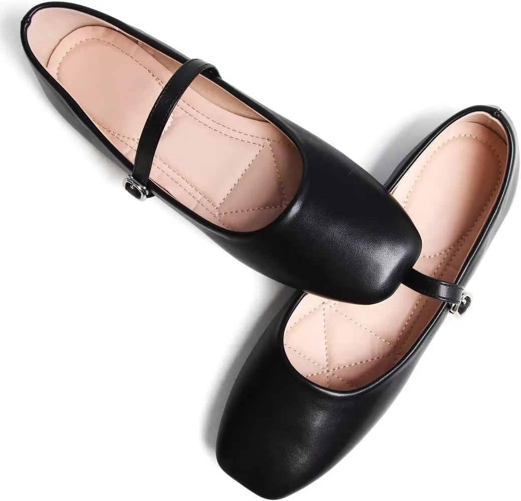 TN TANGNEST Leather Flats for Women Comfortable Square Toe Slip On Flats Soft Work Flats Retro Mary Jane Flats