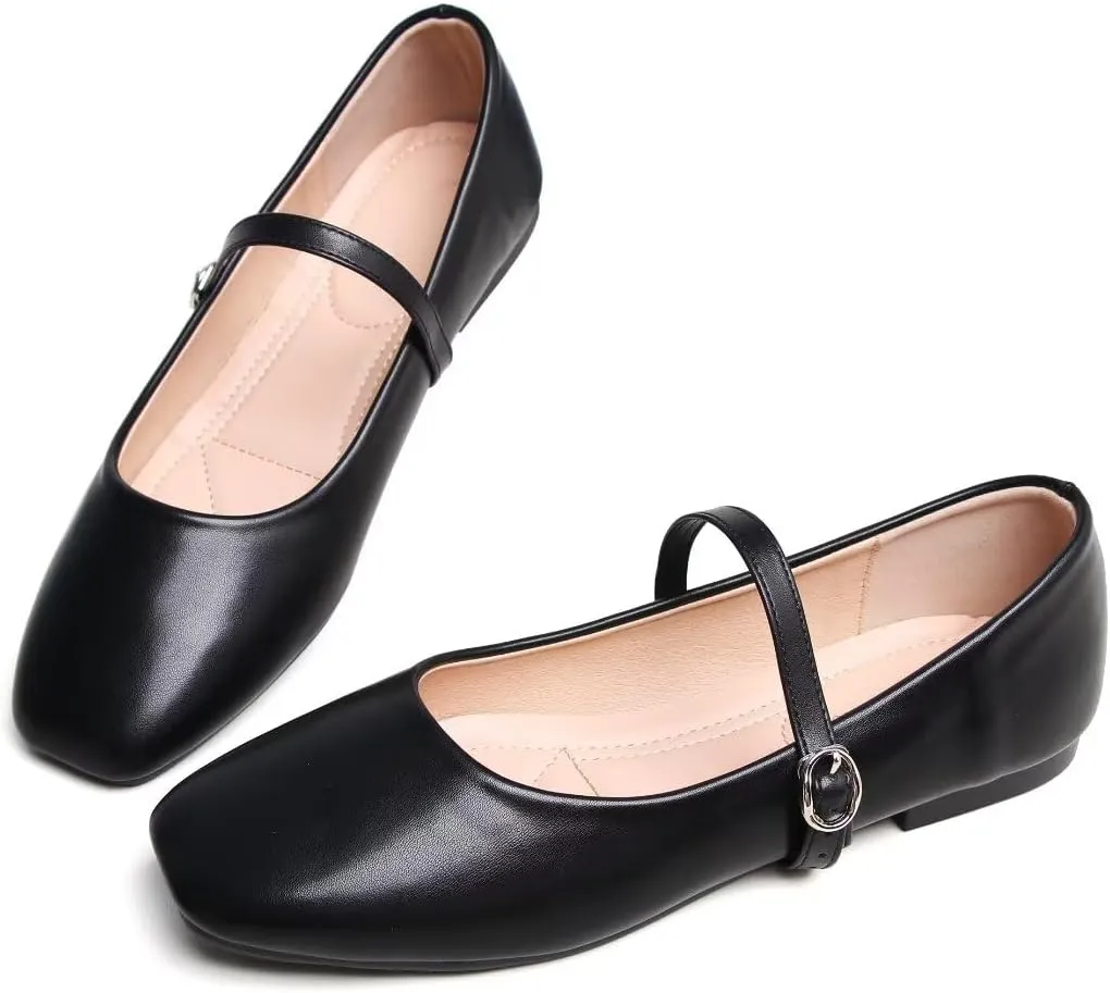 TN TANGNEST Leather Flats for Women Comfortable Square Toe Slip On Flats Soft Work Flats Retro Mary Jane Flats