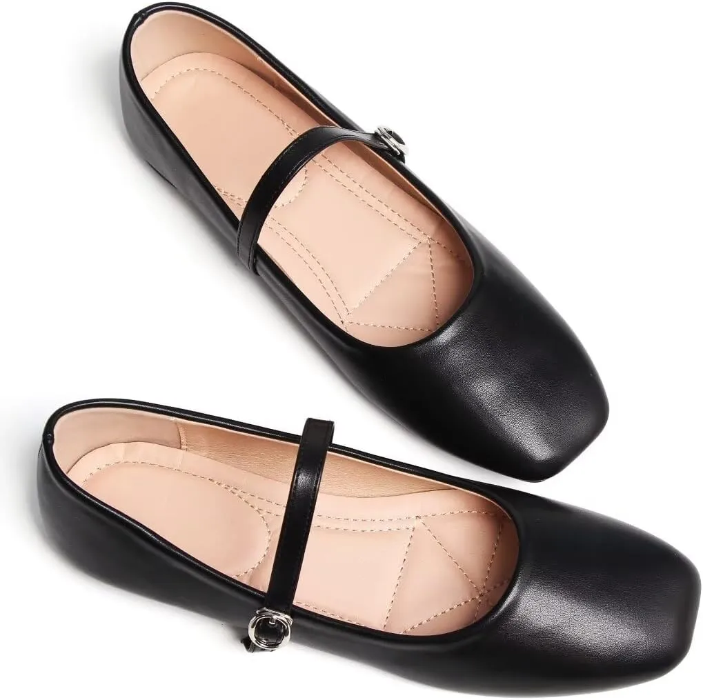 TN TANGNEST Leather Flats for Women Comfortable Square Toe Slip On Flats Soft Work Flats Retro Mary Jane Flats