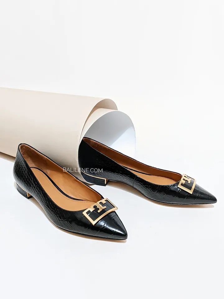 Tory Burch Gigi 20mm Pointed-Toe Flat Croco Embossed Black