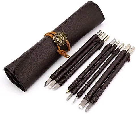 Tungsten Steel Carving Cutter 8Pcs/Set Seal Stone Graver Lettering Engraving Tool Kit Hand Tools with Leather Handle Leather Bag