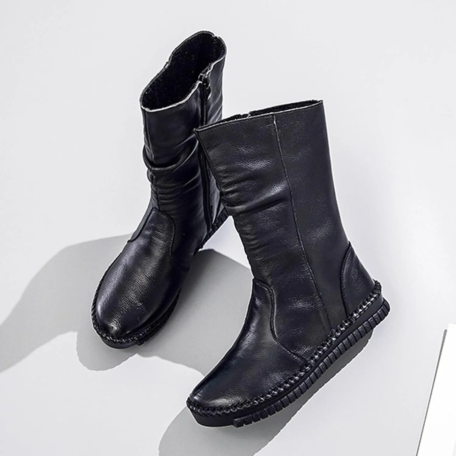 URLECHS Women's Leather Side Zipper Flat Heel Soft Sole Mid-Calf Boot Wide Round Toe Fur Lined Warm Winter Boots Casual Fashion Non-Slip Flat Boots