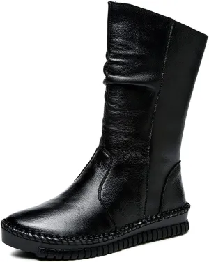 URLECHS Women's Leather Side Zipper Flat Heel Soft Sole Mid-Calf Boot Wide Round Toe Fur Lined Warm Winter Boots Casual Fashion Non-Slip Flat Boots
