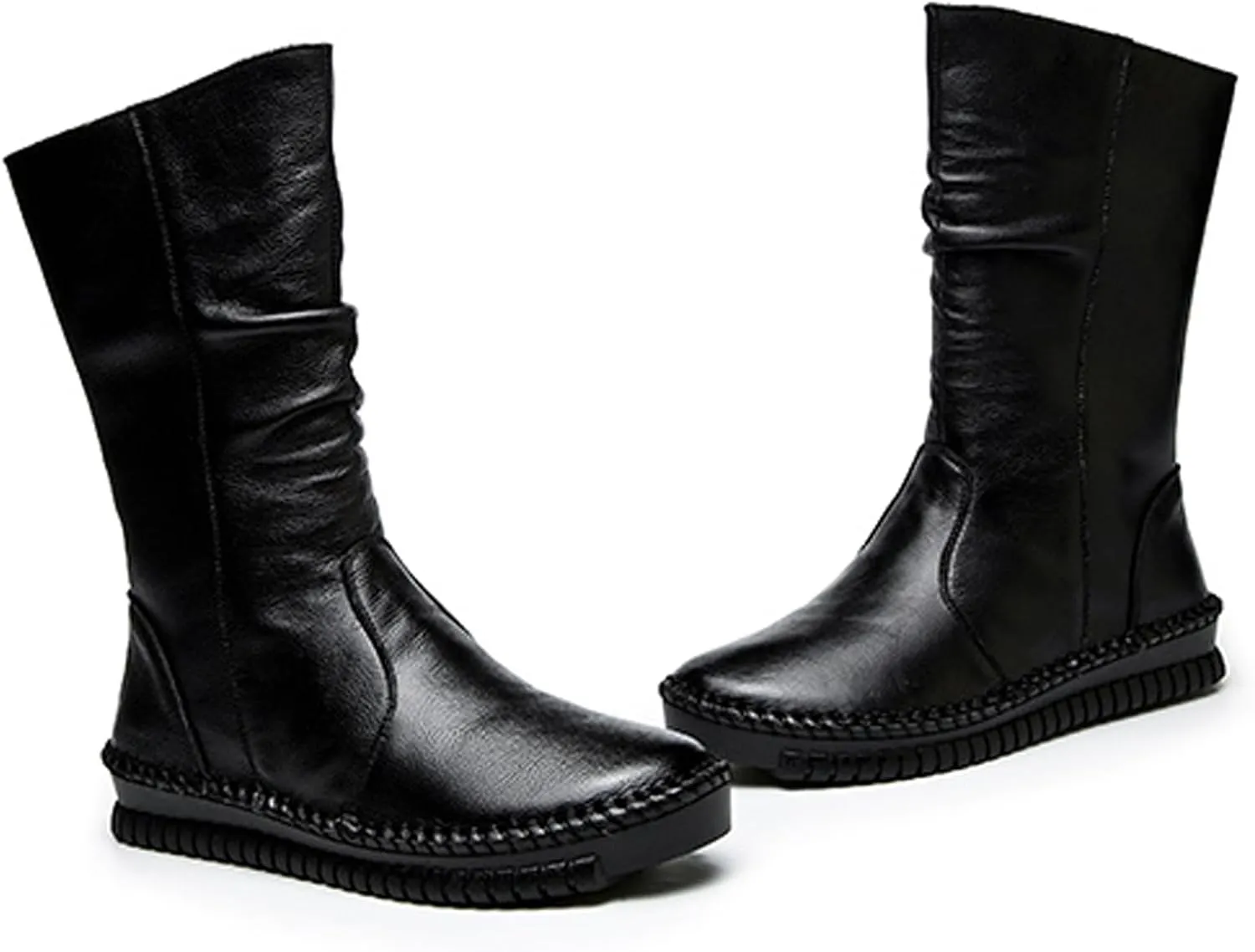 URLECHS Women's Leather Side Zipper Flat Heel Soft Sole Mid-Calf Boot Wide Round Toe Fur Lined Warm Winter Boots Casual Fashion Non-Slip Flat Boots