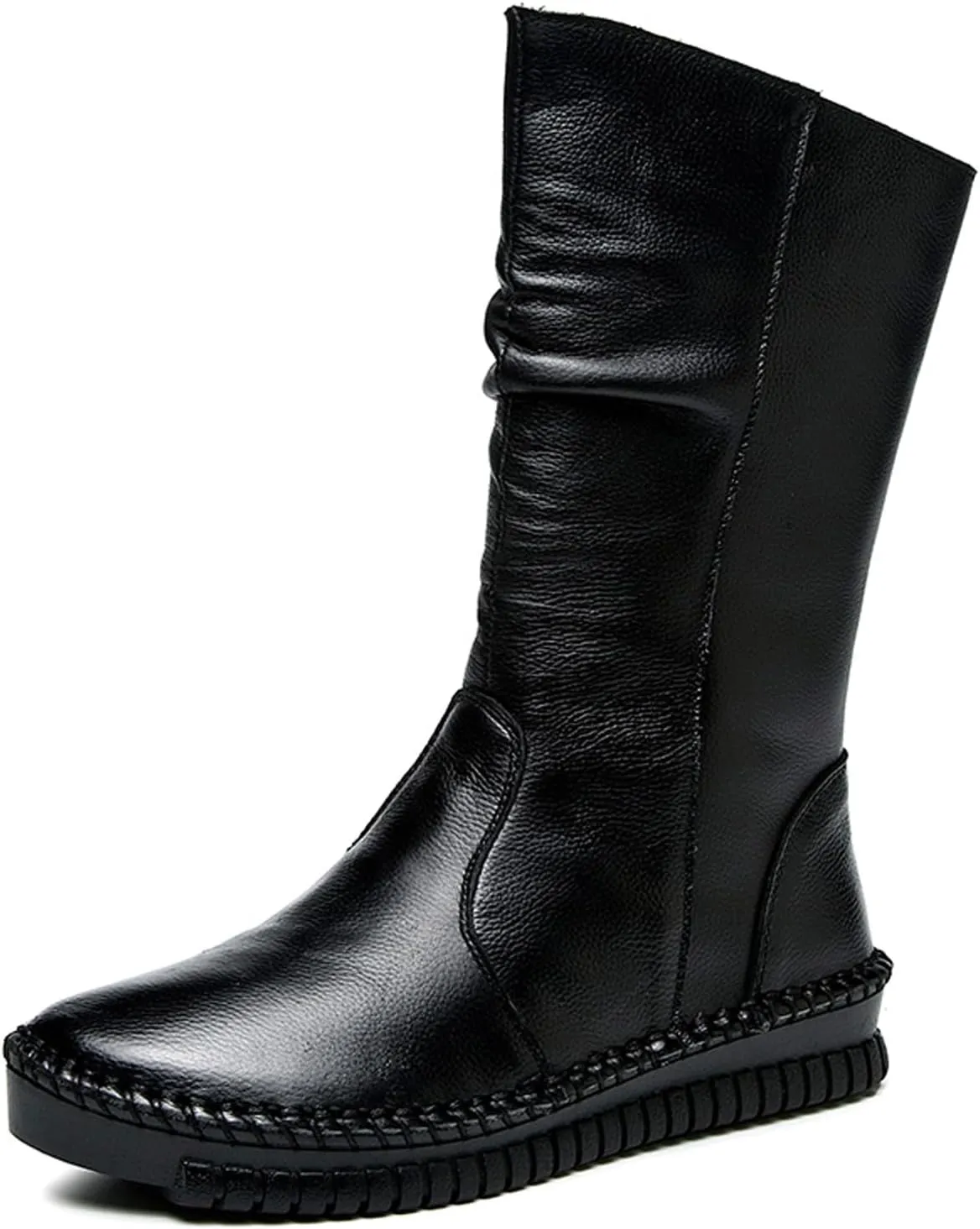 URLECHS Women's Leather Side Zipper Flat Heel Soft Sole Mid-Calf Boot Wide Round Toe Fur Lined Warm Winter Boots Casual Fashion Non-Slip Flat Boots