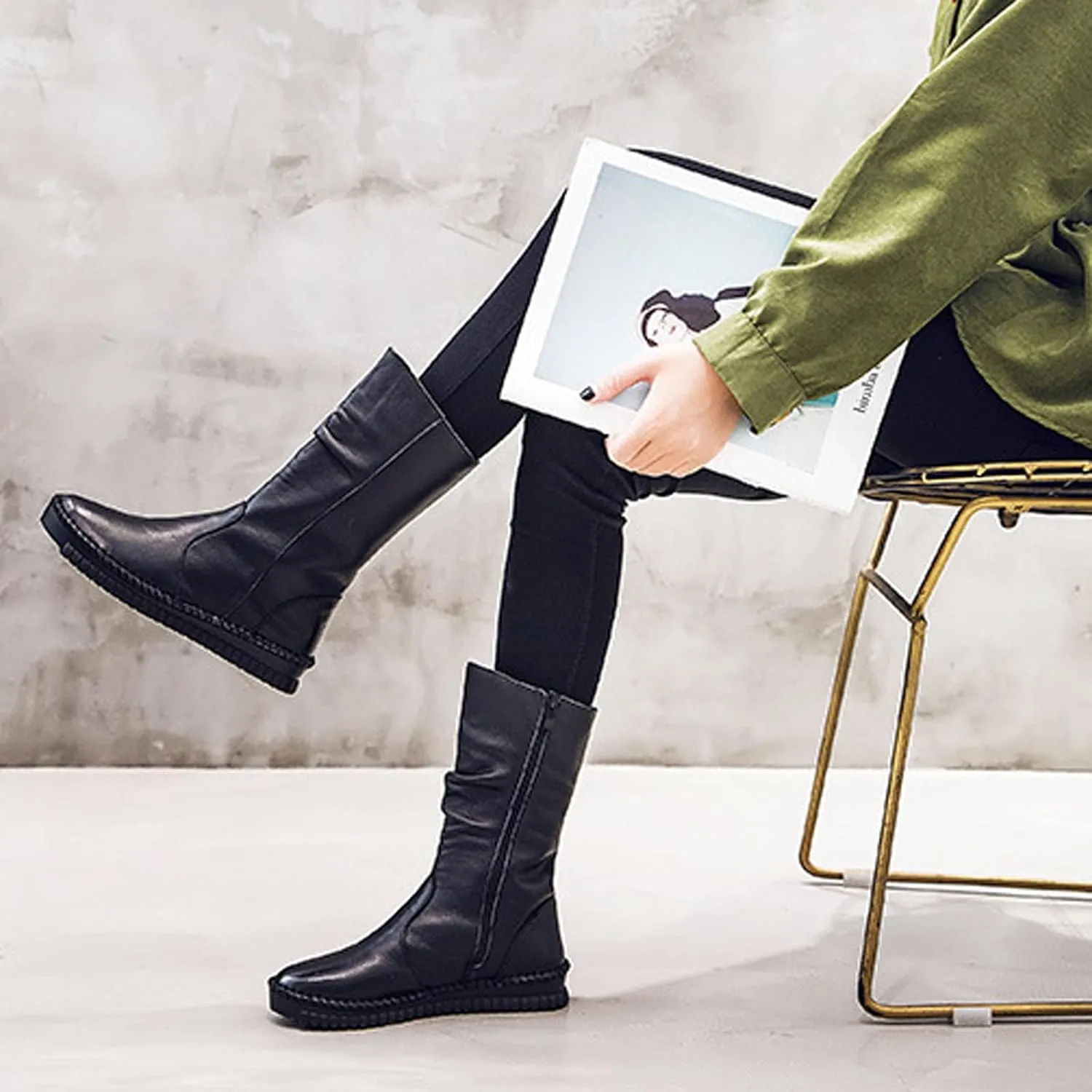 URLECHS Women's Leather Side Zipper Flat Heel Soft Sole Mid-Calf Boot Wide Round Toe Fur Lined Warm Winter Boots Casual Fashion Non-Slip Flat Boots