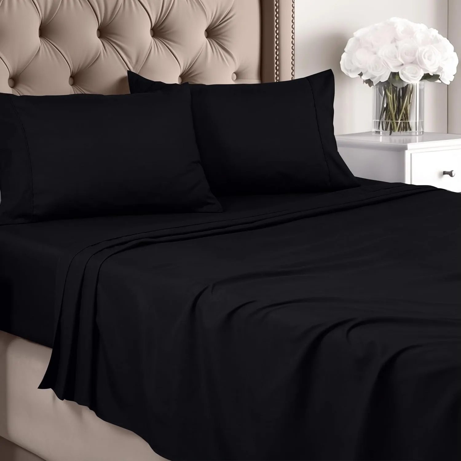 Utopia Bedding Queen Sheet Set - Brushed Microfiber - Soft Bed Sheets for Queen Size Bed Set - Includes 1 Fitted, 1 Flat, & 2 Pillow Cases - Deep Pocket (Black)