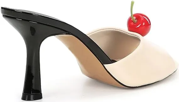 Vertundy Womens Pointed Toe Mule Heels Block Chunky Slip On Slides Peep Toe Cherry Satin Sandals