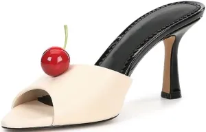 Vertundy Womens Pointed Toe Mule Heels Block Chunky Slip On Slides Peep Toe Cherry Satin Sandals