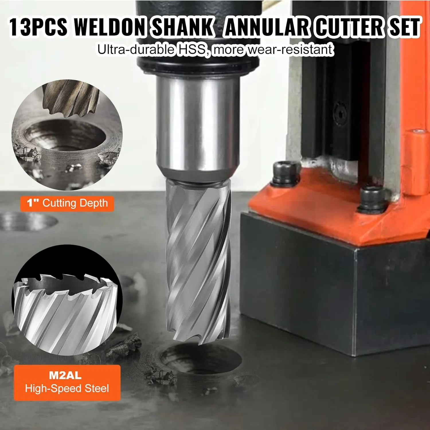VEVOR Annular Cutter Set, 13 pcs Weldon Shank Mag Drill Bits, 2" Cutting Depth, 7/16" to 1-1/16" Cutting Diameter, M2AL HSS, with 2 Pilot Pins, Hex Wrench and Portable Case, for Using with Magnetic Dr