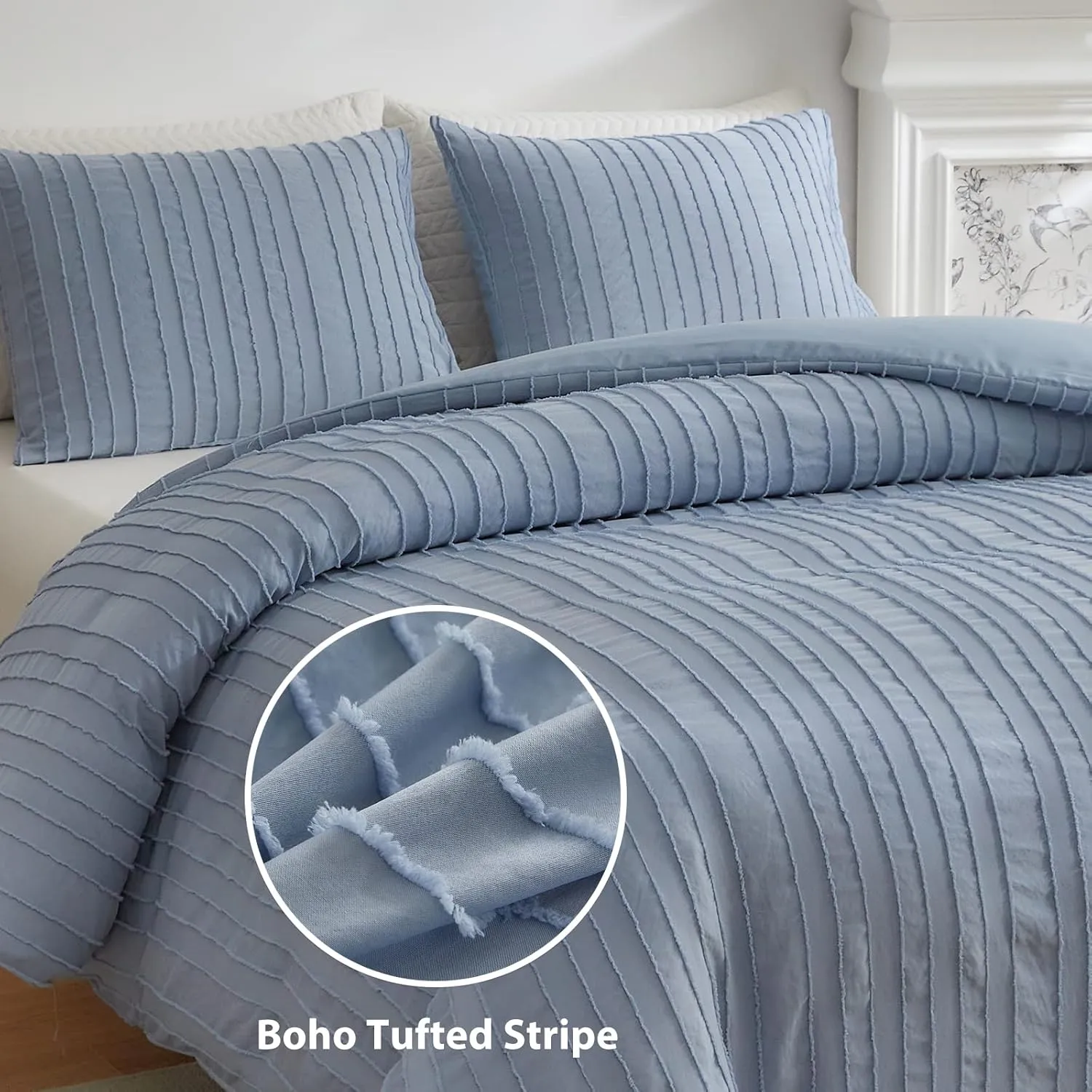 WARMDERN Blue Tufted Duvet Cover Set Queen Size, Striped Textured Duvet Cover Boho Bedding Set, 3 Pcs Ultra Soft Washed Microfiber Duvet Cover with Zipper Closure (Queen, Blue)