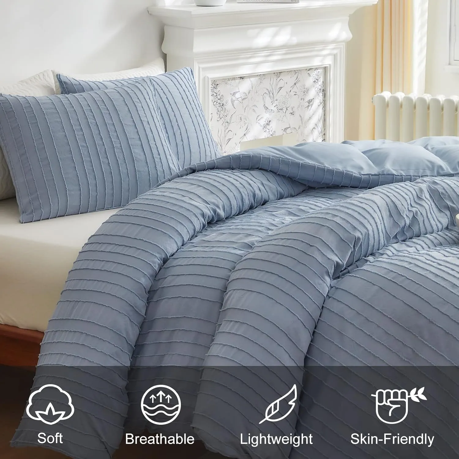 WARMDERN Blue Tufted Duvet Cover Set Queen Size, Striped Textured Duvet Cover Boho Bedding Set, 3 Pcs Ultra Soft Washed Microfiber Duvet Cover with Zipper Closure (Queen, Blue)