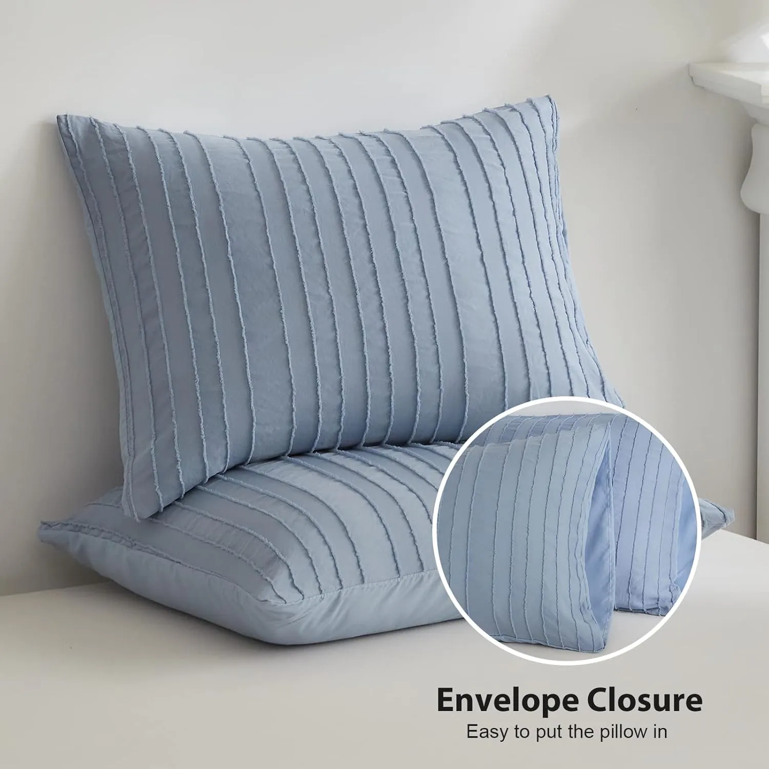 WARMDERN Blue Tufted Duvet Cover Set Queen Size, Striped Textured Duvet Cover Boho Bedding Set, 3 Pcs Ultra Soft Washed Microfiber Duvet Cover with Zipper Closure (Queen, Blue)