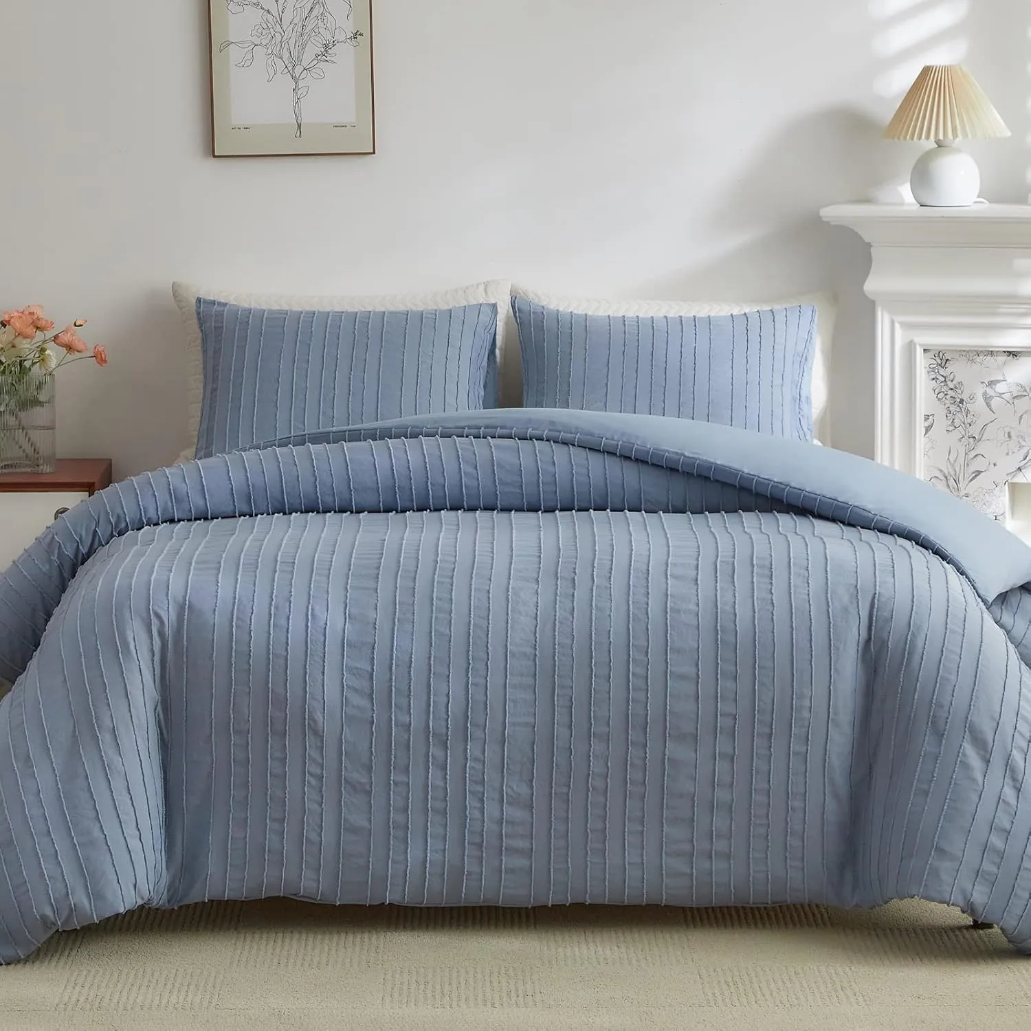 WARMDERN Blue Tufted Duvet Cover Set Queen Size, Striped Textured Duvet Cover Boho Bedding Set, 3 Pcs Ultra Soft Washed Microfiber Duvet Cover with Zipper Closure (Queen, Blue)