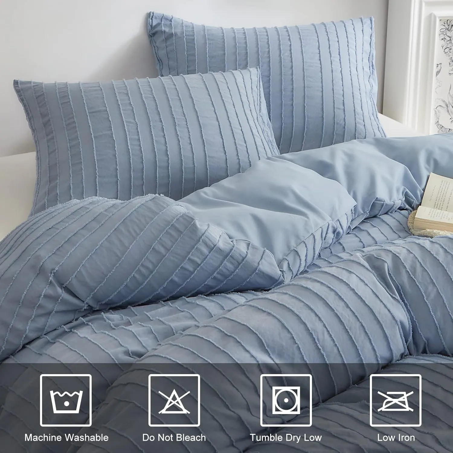 WARMDERN Blue Tufted Duvet Cover Set Queen Size, Striped Textured Duvet Cover Boho Bedding Set, 3 Pcs Ultra Soft Washed Microfiber Duvet Cover with Zipper Closure (Queen, Blue)