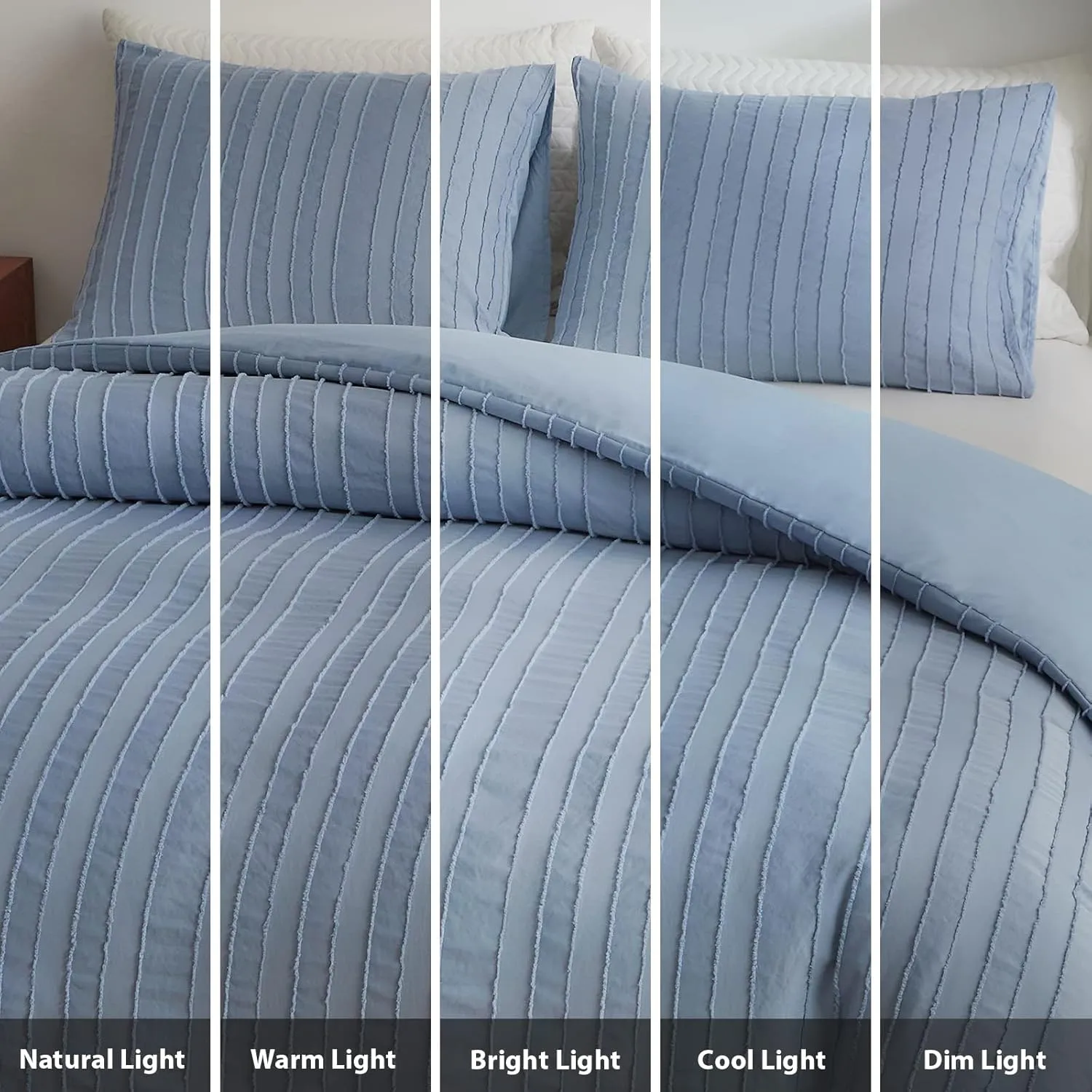 WARMDERN Blue Tufted Duvet Cover Set Queen Size, Striped Textured Duvet Cover Boho Bedding Set, 3 Pcs Ultra Soft Washed Microfiber Duvet Cover with Zipper Closure (Queen, Blue)