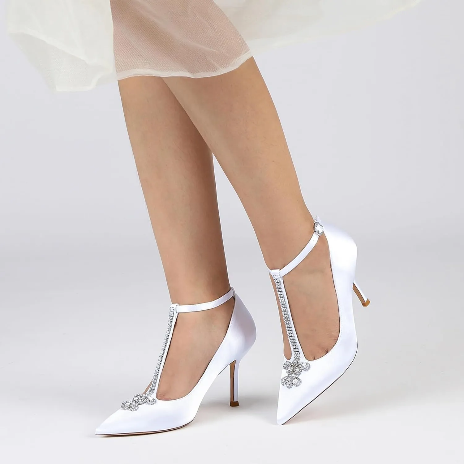 Wedding Bridal Shoes Summer Shoes Women High Heels T Strap Satin Pumps Pointed Toe Dress Shoes Wedding Shoes 8.5Cm