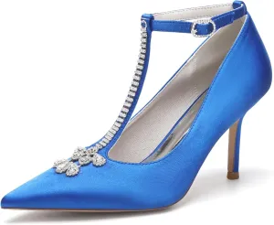 Wedding Bridal Shoes Summer Shoes Women High Heels T Strap Satin Pumps Pointed Toe Dress Shoes Wedding Shoes 8.5Cm