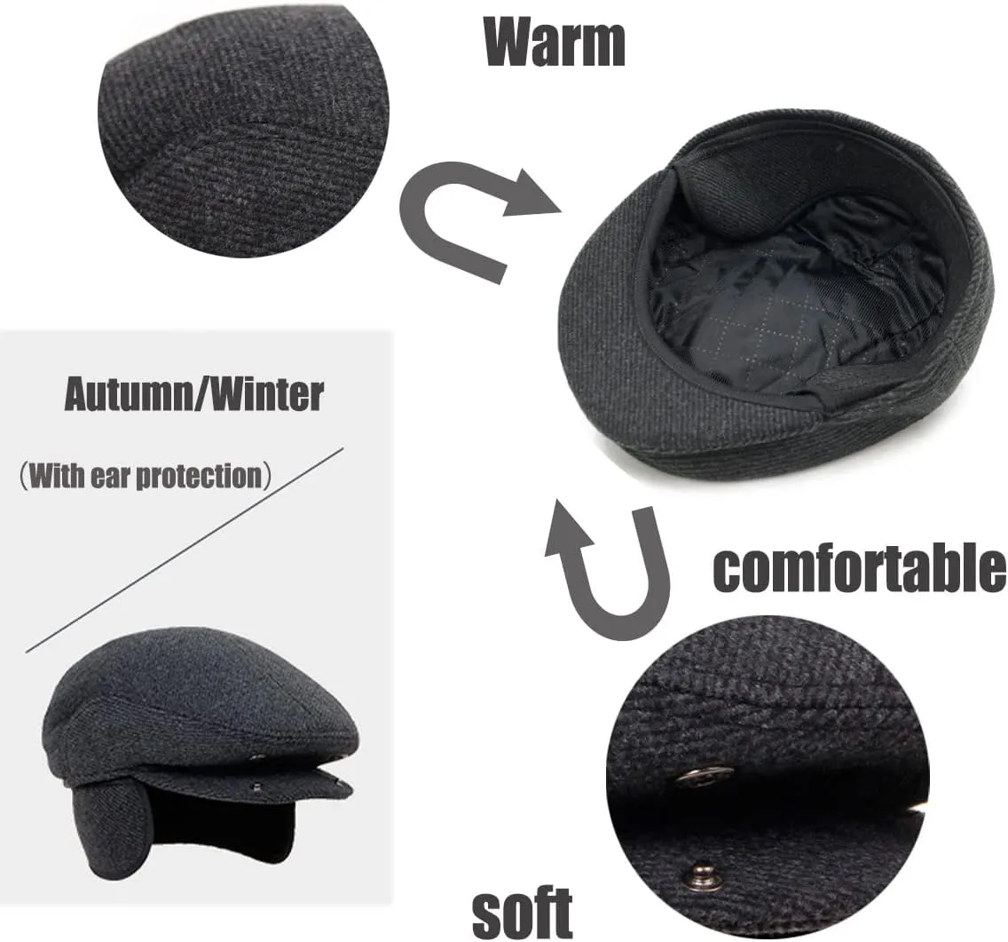 Winter for Men Outdoor Hat, Beret Flat Newsboy Gatsby Hats Adjustable Warm Sport Golf Flat Cap Hats Dad Caps Earflaps Thicken