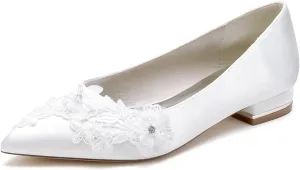 Women Classic Pointed Toe Ballet Wedding Flat Shoes Satin with Embroidery Lace Flower Low Heel Dress Shoes