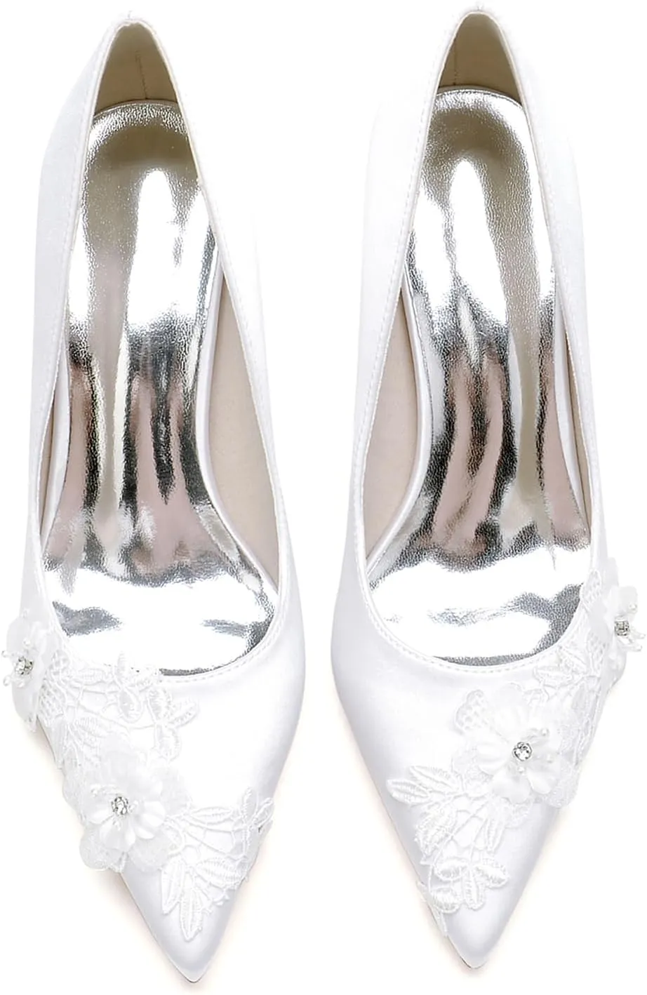 Women Classic Pointed Toe Ballet Wedding Flat Shoes Satin with Embroidery Lace Flower Low Heel Dress Shoes