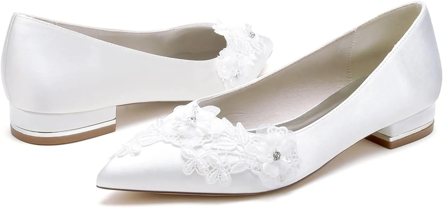 Women Classic Pointed Toe Ballet Wedding Flat Shoes Satin with Embroidery Lace Flower Low Heel Dress Shoes