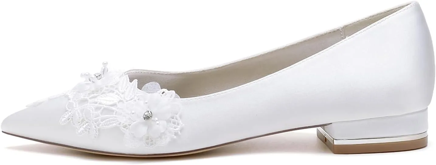 Women Classic Pointed Toe Ballet Wedding Flat Shoes Satin with Embroidery Lace Flower Low Heel Dress Shoes