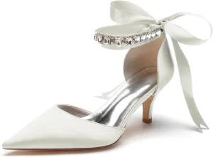 Women Crystals Satin Ribbon Tie Wedding Shoes Pointed Toe Prom Formal Party Dress Pumps Kitten Heel Bridal Shoes