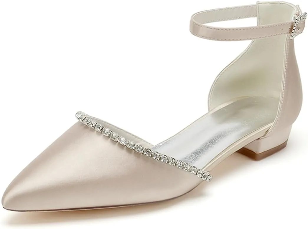 Women Pointed Toe Wedding Pumps Beaded Satin Flats Prom Evening Dress Flat Shoes