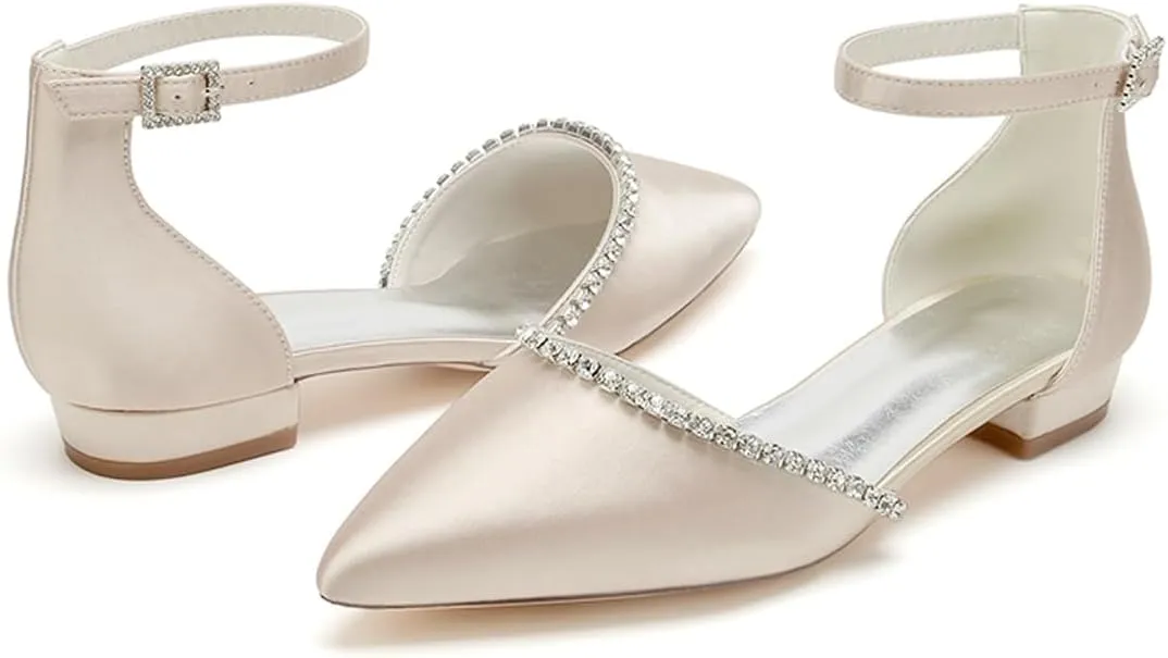 Women Pointed Toe Wedding Pumps Beaded Satin Flats Prom Evening Dress Flat Shoes