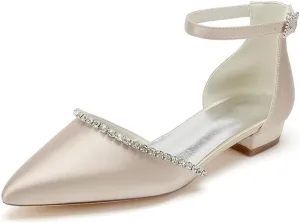 Women Pointed Toe Wedding Pumps Beaded Satin Flats Prom Evening Dress Flat Shoes
