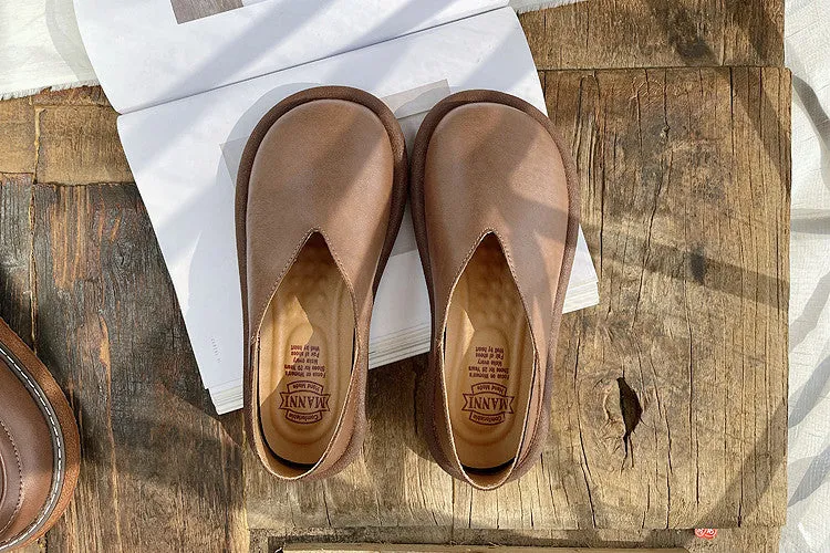Women Retro Solid Soft Leather Flat Loafers