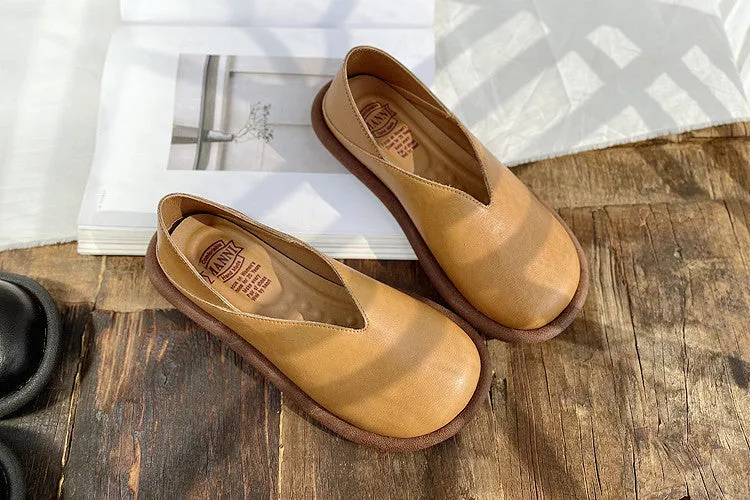 Women Retro Solid Soft Leather Flat Loafers