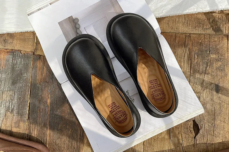 Women Retro Solid Soft Leather Flat Loafers