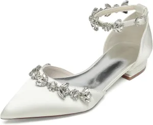 Women Satin Wedding Shoes for Bride Flats Pointed Toe Crystals Party Dress Bridesmaid Shoes