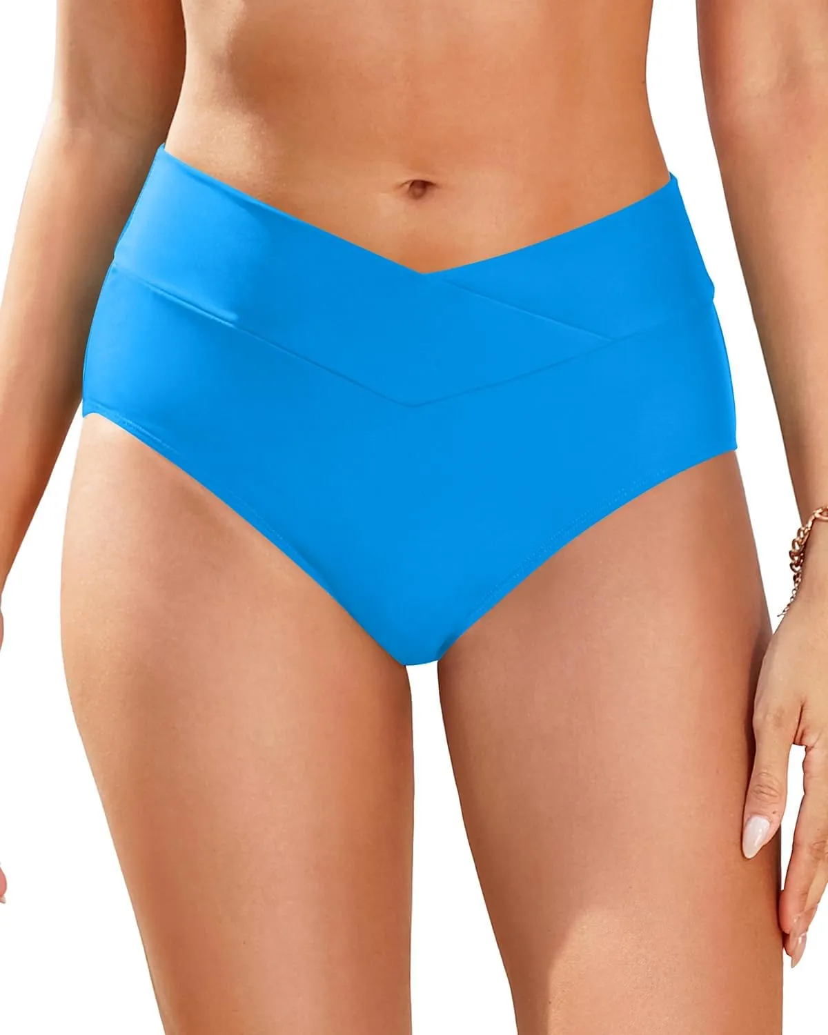 Women V Cut Full Coverage Bikini Bottom - High Waist Swim Bathing Suit Bottoms Cross V Front Swimsuit