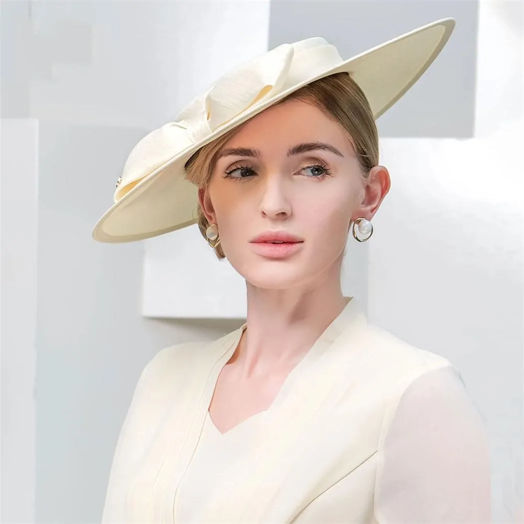 Women Wide Brim Church Fascinators Hats Bowknot Formal Wedding Tea Party Flat Top Fedoras