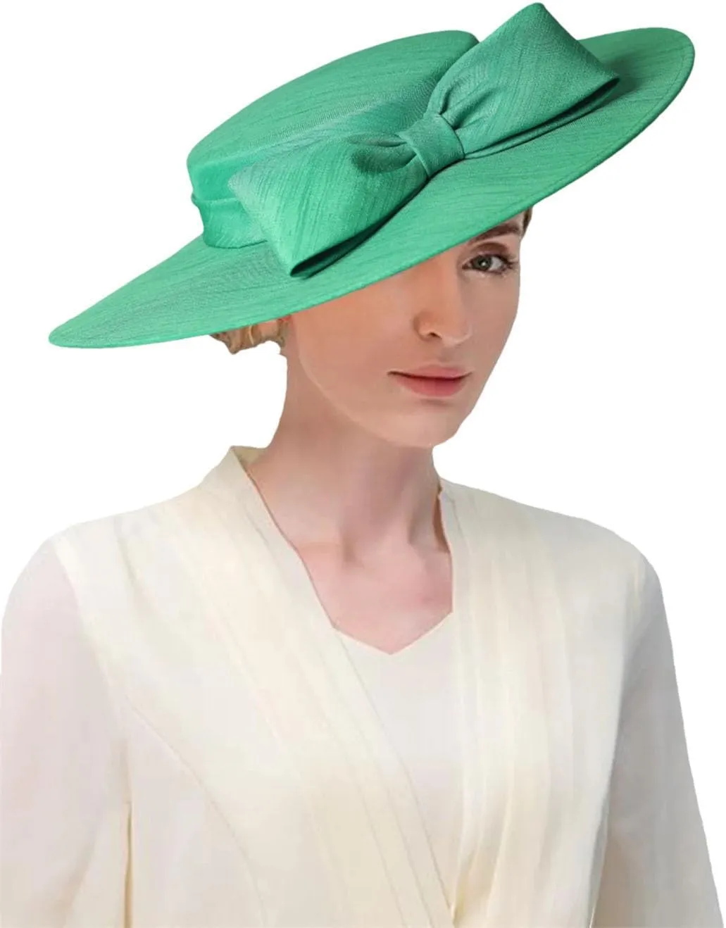 Women Wide Brim Church Fascinators Hats Bowknot Formal Wedding Tea Party Flat Top Fedoras