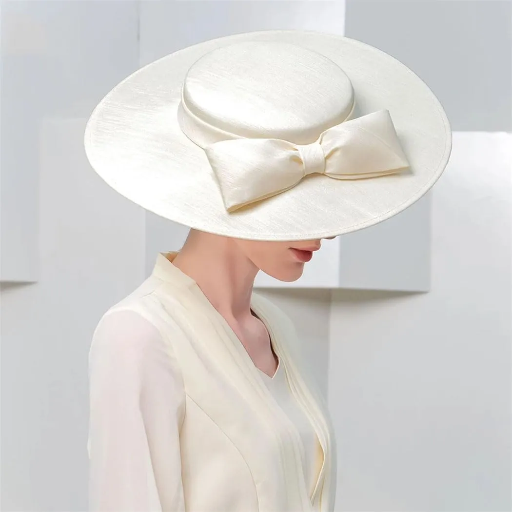 Women Wide Brim Church Fascinators Hats Bowknot Formal Wedding Tea Party Flat Top Fedoras