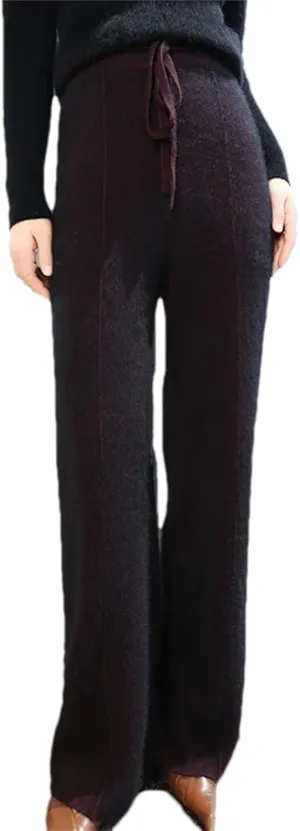Women Wide Leg Split Wool Knitting Pants Classic Solid Lace Up Soft Warm Stripe Trousers
