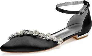 Women's Ankle Strap Wedding Shoes Satin Rhinestone Pointed Toe Flats for Bride